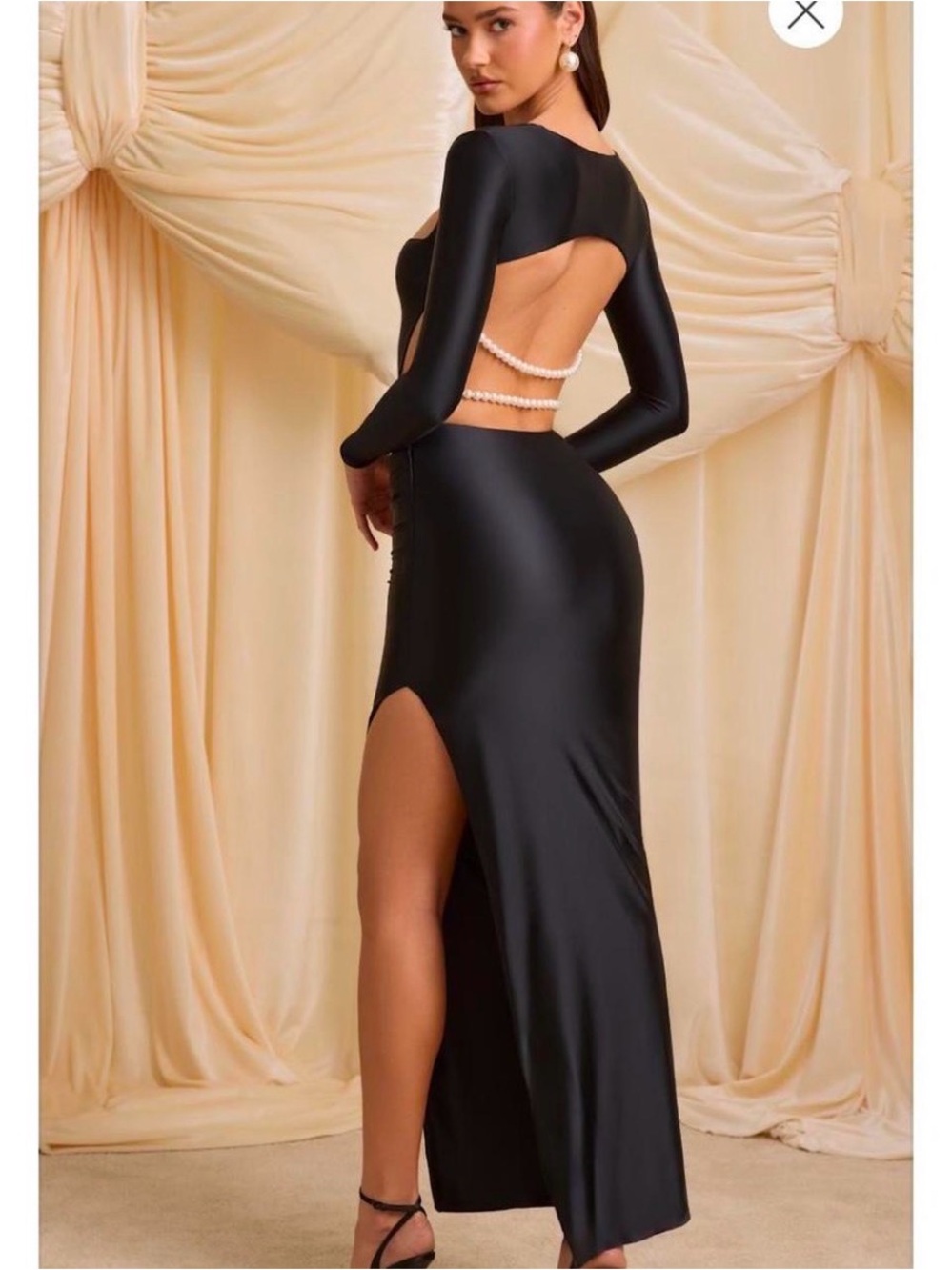 NWT - size 12. Oh Polly Black Long Sleeve Backless Pearl-Trim Maxi Dress